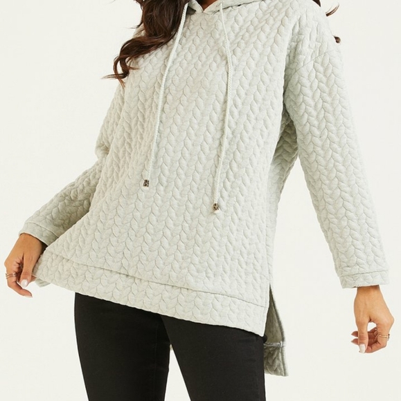 Gray Cable Knit Hi-Low Tunic Hooded Sweatshirt - Picture 3 of 10